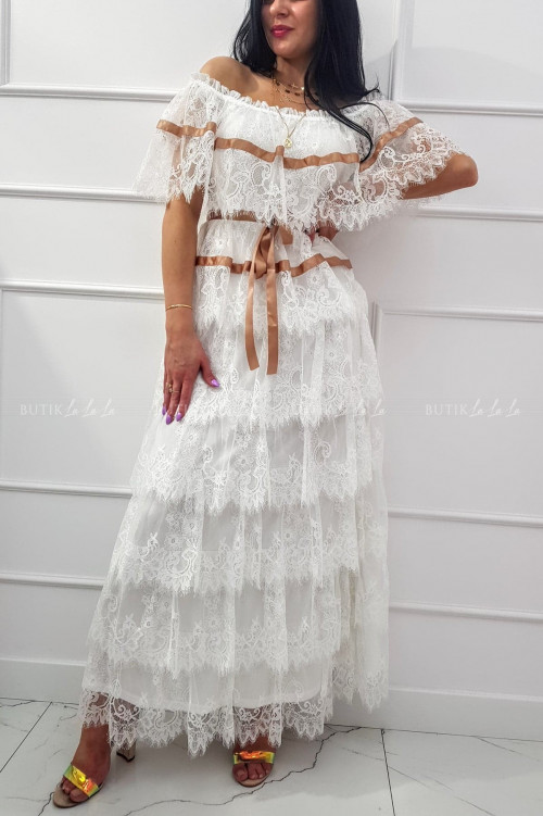 Sukienka maxi koronkowa z falbanami biała Vasilla