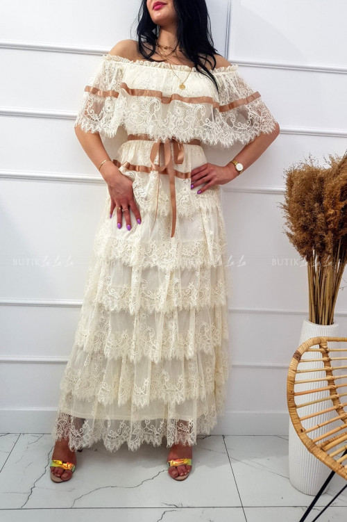 Sukienka maxi koronkowa z falbanami kremowa Vasilla