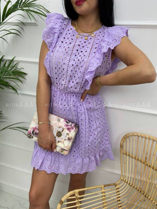Sukienka letnia mini ażurowa z falbanką liliowa Paris