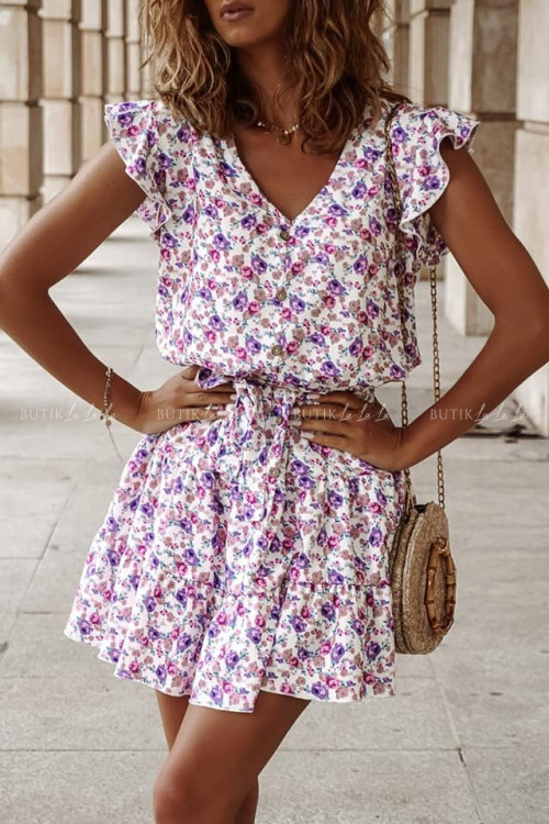 Sukienka letnia mini w kwiatowy print z rękawkiem wykończonym falbanką Lagos