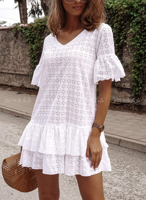 sukienka letnia mini ażurowa z falbankami biała Wiki