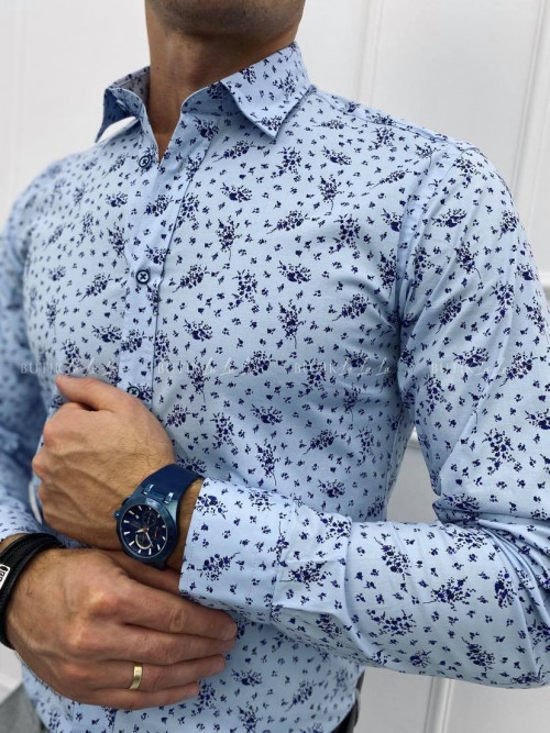 koszula męska slim w kwiatowy print błękitna