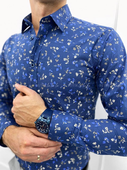 koszula męska slim w kwiatowy print niebieska