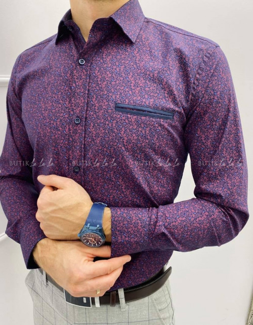 koszula męska kołnierzyk fioletowa slim w niebieski print z kieszonką
