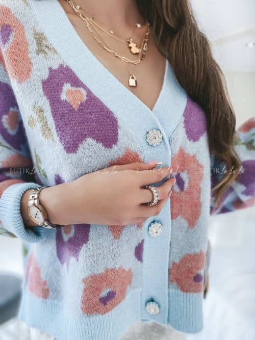 Sweter błękitny w kwiatowy print Loara