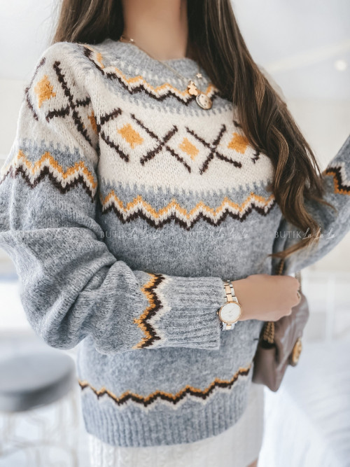 Sweter siwy w kolorowe wzory Camilo