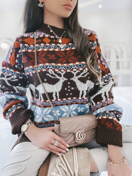 Sweter w świąteczny wzór brązowy Boni