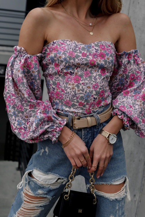 bluzka beżowa hiszpanka w kwiatowy print loe