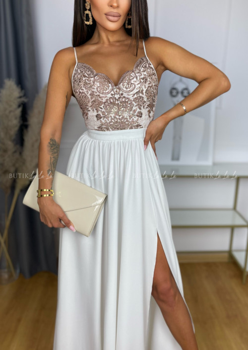 sukienka maxi biała z beżową koronką Chiara