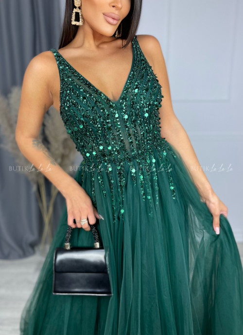 sukienka maxi tiulowo cekinowa butelkowa zieleń Belissa