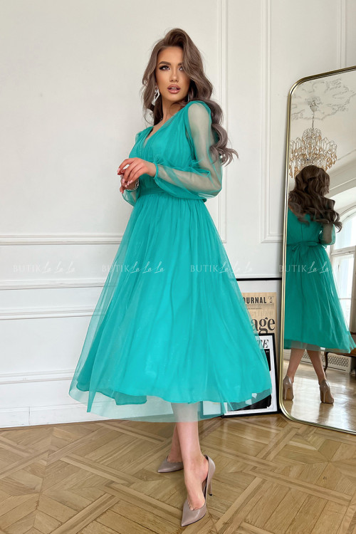 sukienka turkusowa midi z połyskującą siateczką Vanessa