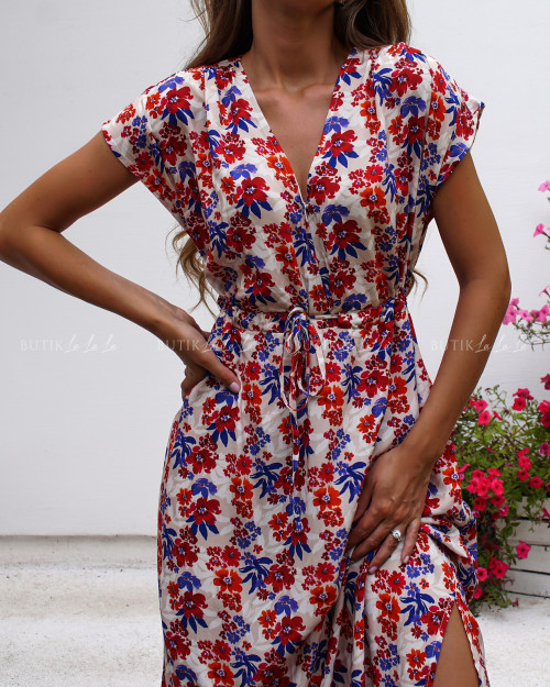 Sukienka beżowa w kwiatowy print Nessa