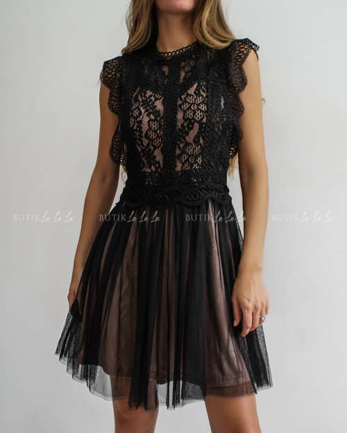 Sukienka z koronkową górą i tiulowym dołem czarno-beżowa Lili McBy