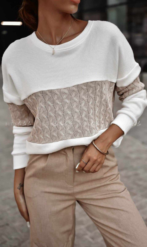 Sweter biały z beżową wstawką Marlyn