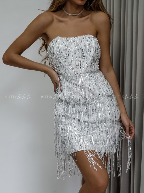 Sukienka mini cekinowa biało srebrna Sandre