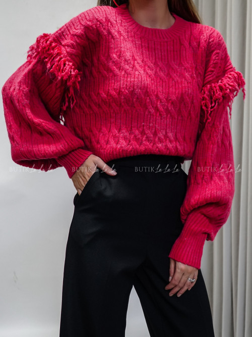 Sweter z ozdobnym splotem malinowy Dilvin