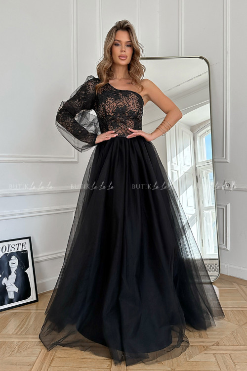 Sukienka z rozkloszowanym tiulowym dołem czarno beżowa Valentina