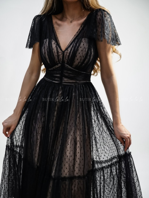Sukienka midi tiulowa czarno beżowa Kataleja