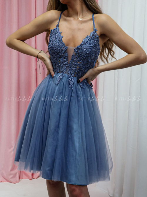 Sukienka mini tiulowa z ozdobną górą szaro niebieska Susanita