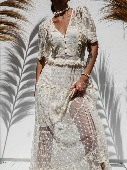 Sukienka maxi koronkowo-tiulowa kremowa Kleopatra