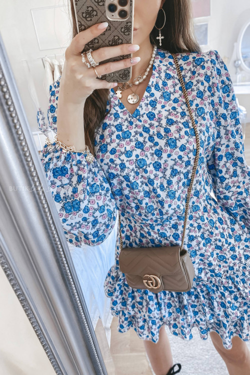 sukienka biała w kwiatki z paskiem Liliana