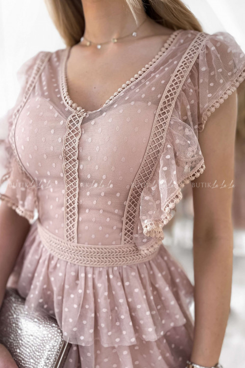 sukienka mini pudrowa z falbankami Senna