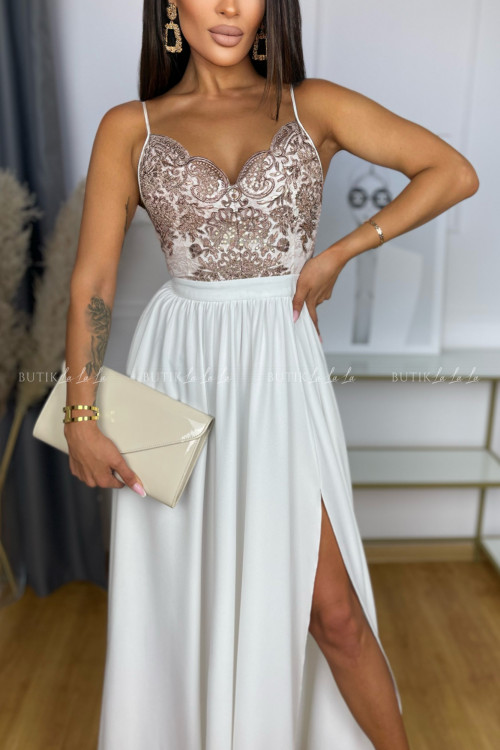 sukienka maxi biała z beżową koronką Chiara 