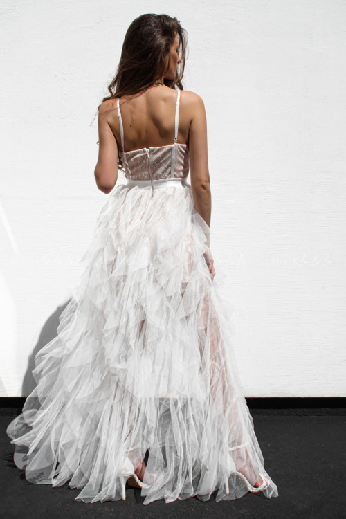 Sukienka maxi z tiulowym dołem biało kremowa Bizzu 5