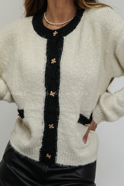 Sweter kremowo czarny z ozdobnymi guzikami Haike