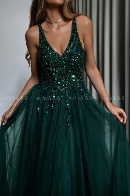 sukienka maxi tiulowo cekinowa butelkowa zieleń Belissa