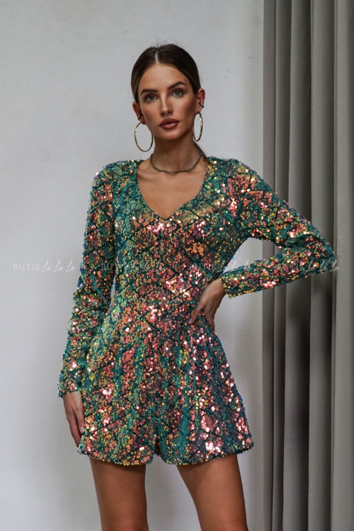 Kombinezon zielony w wielokolorowe cekiny Heleno 1