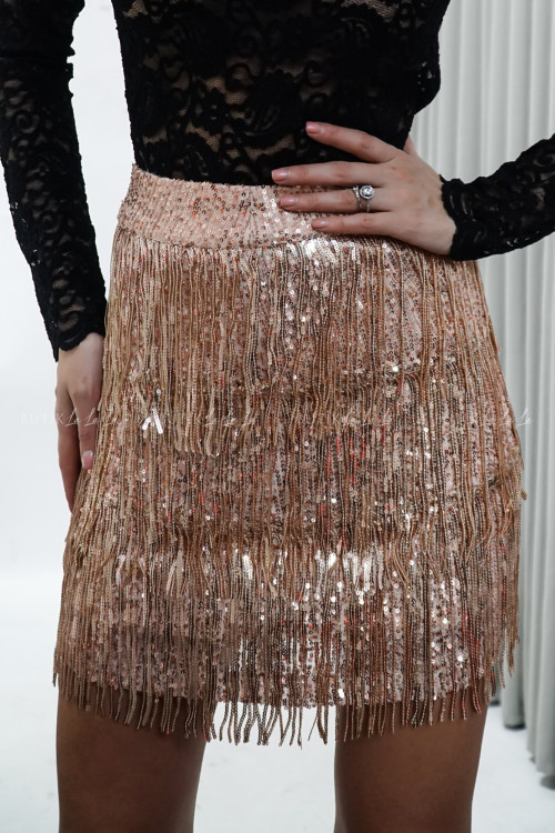 Spódnica cekinowa z frędzlami różowe złoto Anetta