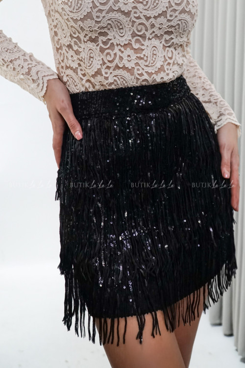 Spódnica cekinowa z frędzlami czarna Anetta