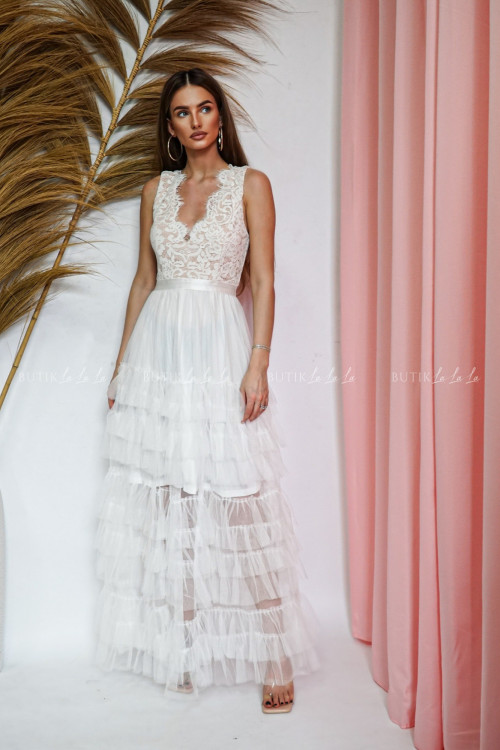 Sukienka z tiulowym dołem biało beżowa Verona