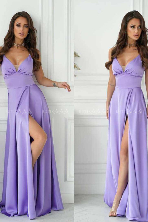 sukienka satynowa liliowa z rozcięciem Miguel