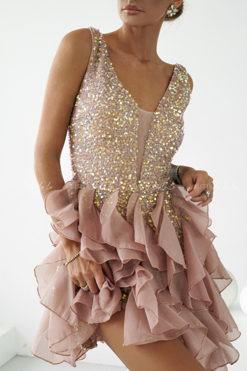 Sukienka cekinowa z falbanami szampańska Arkadia