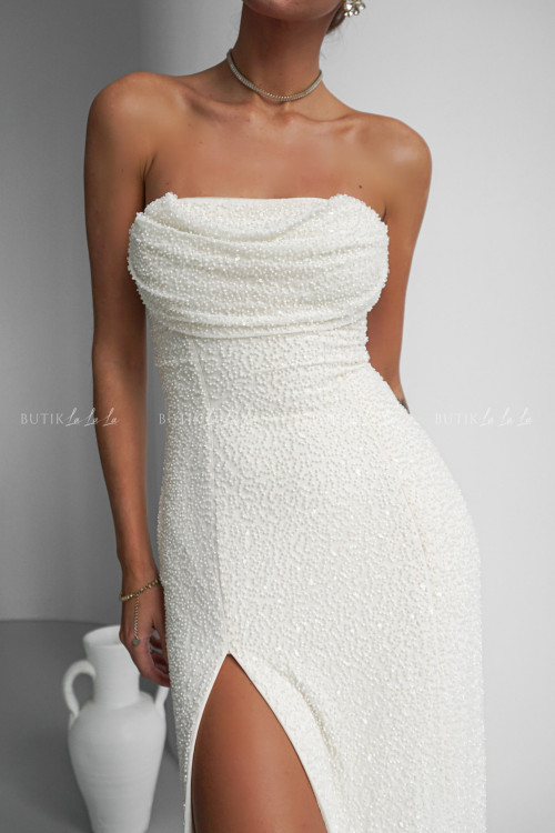 Sukienka maxi zdobiona koralikami ecru Chicago