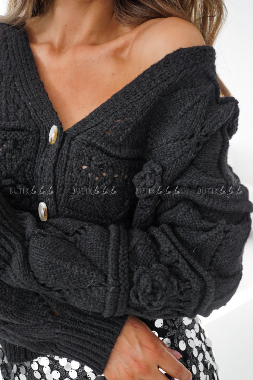 Sweter rozpinany z kwiatami czarny Vital