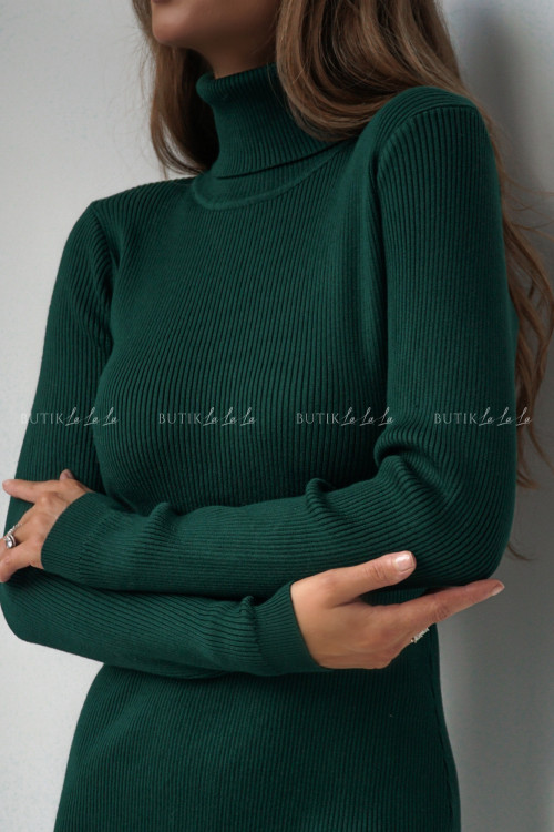 Sukienka prążkowana z golfem butelkowa zieleń Frog