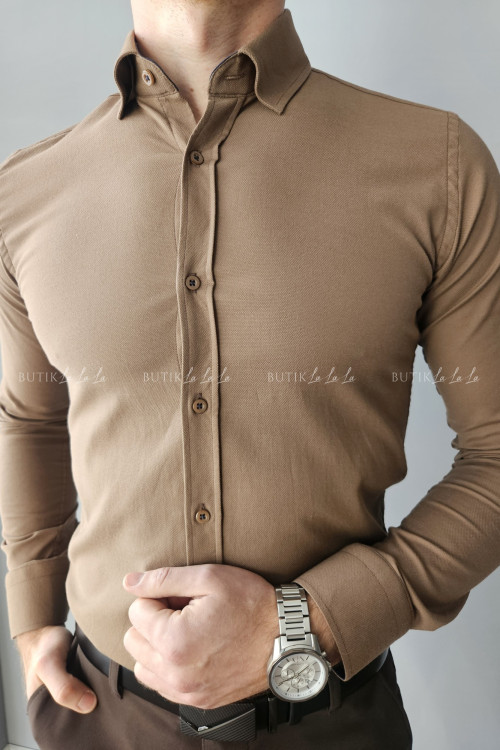 koszula męska ciemny beż z fakturą kołnierzyk slim fit