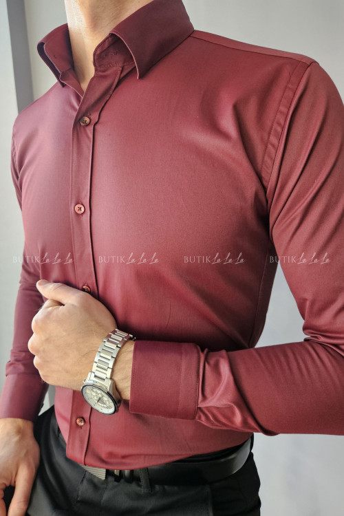 koszula męska klasyczna bordowa z kołnierzykiem slim fit 2