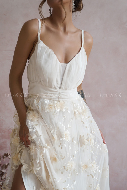 sukienka maxi tiulowa kremowa Sanna