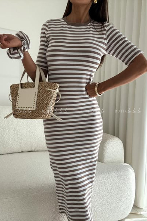 Sukienka beżowo biała w paski