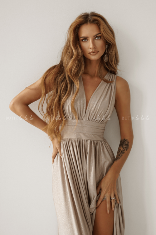 Sukienka maxi brokatowa beżowa Virginia