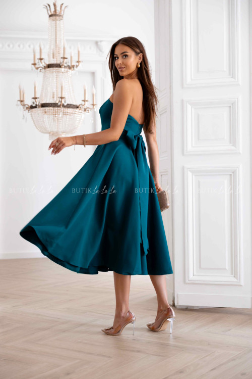 Sukienka rozkloszowana z kokardą butelkowa zieleń Asti