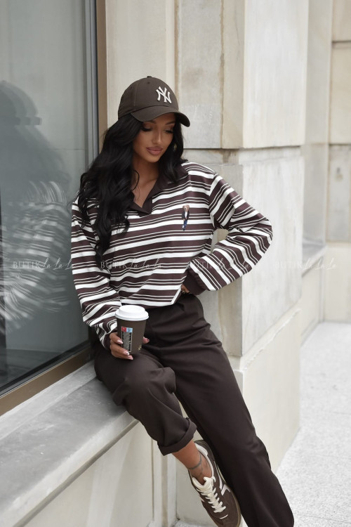 Bluzka z długim rękawem polo brązowo biała Melis 1