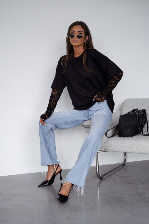 Bluzka na krótki rękaw z koronką czarna Mona 1