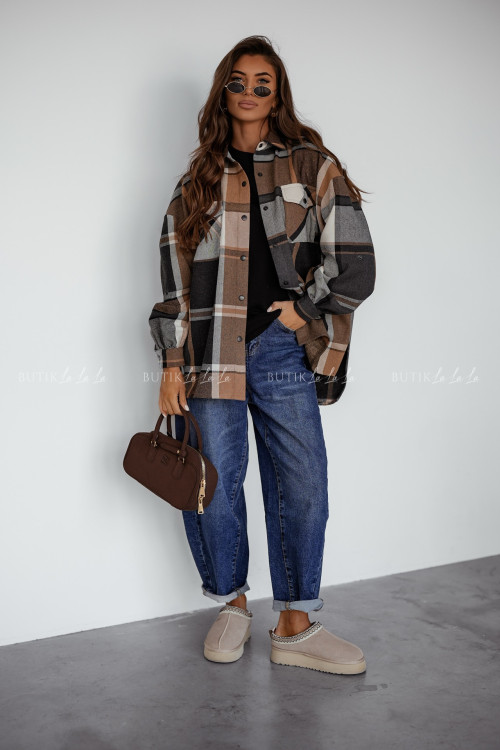 Koszula w kratę camelowo szara Vedo 2