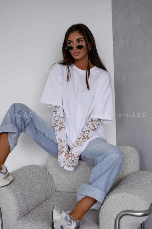 Bluzka na krótki rękaw z koronką biała Mona 2