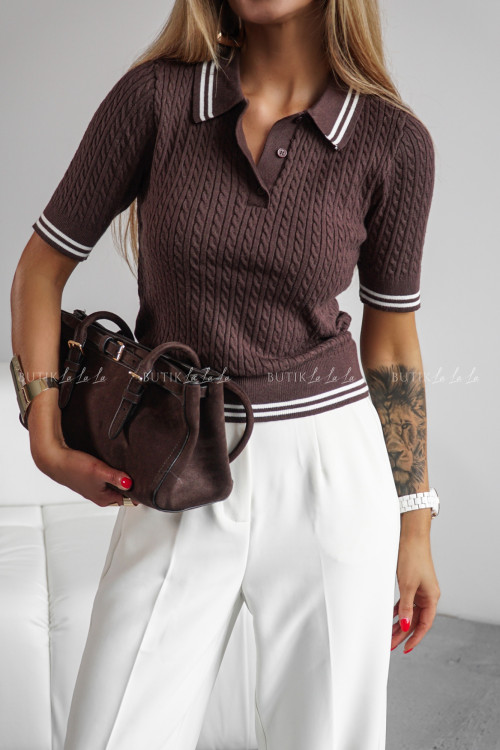 Sweter typu polo na krótki rękaw brązowy Rolphi 3